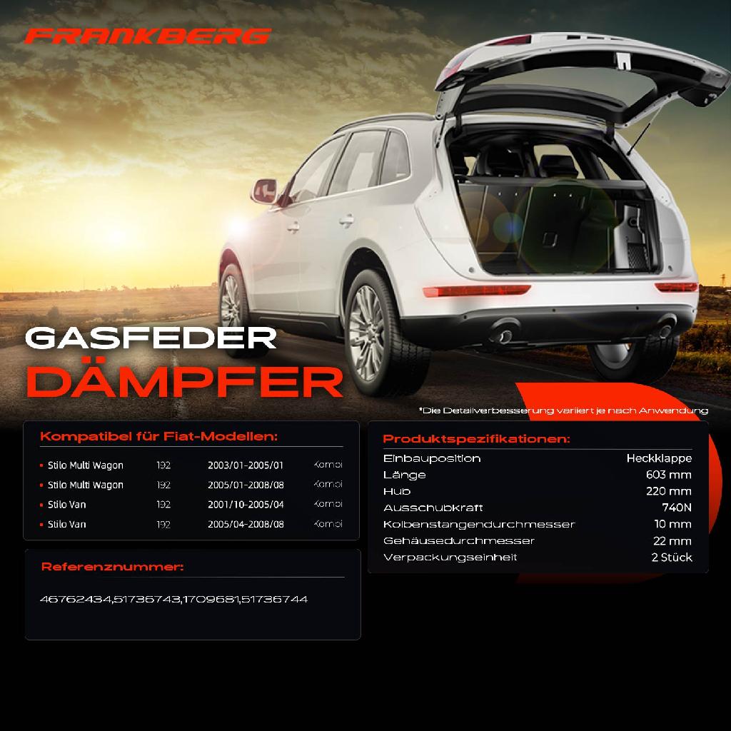 2x Gasfeder Dämpfer Heckklappe für Fiat Stilo Multi Wagon Stilo Van 192 Kombi 2001-2008