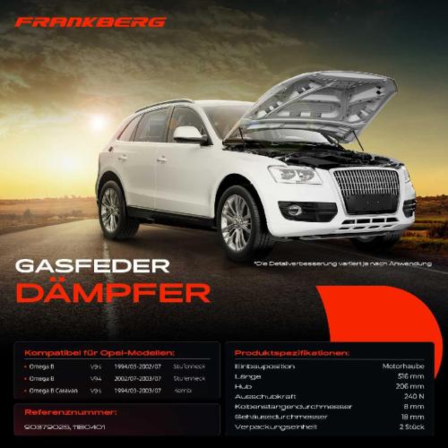 Frankberg 2x Gasfeder Dämpfer Motorhaube für Opel Omega B Stufenheck Kombi 1994-2003 Bild Frankberg 2x Gasfeder Dämpfer Motorhaube für Opel Omega B Stufenheck Kombi 1994-2003