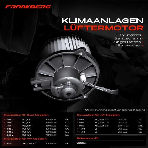 Frankberg 1x Gebläsemotor Innenraumgebläse für VW Polo AE1 AW1 BZ1 Taigo Seat Ibiza V KJ Arona Bild Frankberg 1x Gebläsemotor Innenraumgebläse für VW Polo AE1 AW1 BZ1 Taigo Seat Ibiza V KJ Arona