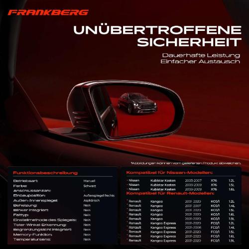 Frankberg 1x Außenspiegel Rechts für Nissan Kubistar Renault Kangoo X76 KC0/1 FC0/1 2001-2020 Bild Frankberg 1x Außenspiegel Rechts für Nissan Kubistar Renault Kangoo X76 KC0/1 FC0/1 2001-2020