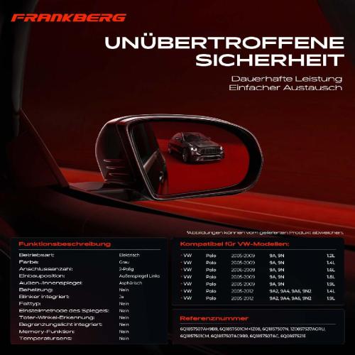 Frankberg 1x Außenspiegel Links für VW Polo 9A 9N 9A2 9A4 9A6 9N2 2005-2012 Bild Frankberg 1x Außenspiegel Links für VW Polo 9A 9N 9A2 9A4 9A6 9N2 2005-2012
