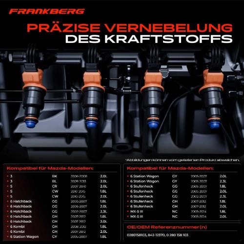 Frankberg 4x Einspritzventil Einspritzdüse für Mazda 3 BK BL 5 CR19 CW 6 GG GH GY MX-5 III NC Bild Frankberg 4x Einspritzventil Einspritzdüse für Mazda 3 BK BL 5 CR19 CW 6 GG GH GY MX-5 III NC