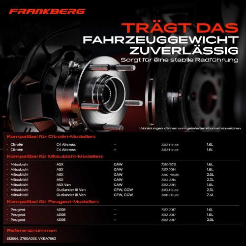 Frankberg 1x Radnabe Radlagersatz Hinterachse beidseitig für Citroën C4 Aircross Mitsubishi ASX Van Eclipse Cross Bild Frankberg 1x Radnabe Radlagersatz Hinterachse beidseitig für Citroën C4 Aircross Mitsubishi ASX Van Eclipse Cross