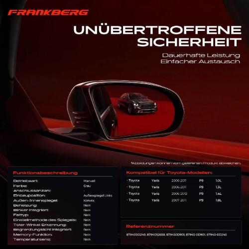 Frankberg 1x Außenspiegel Links für Toyota Yaris P9 1.0L 1.3L 1.4L 1.8L 2006-2012 Bild Frankberg 1x Außenspiegel Links für Toyota Yaris P9 1.0L 1.3L 1.4L 1.8L 2006-2012