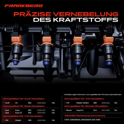 Frankberg 4x Einspritzventil Einspritzdüse für VW Passat Audi A4 Seat Exeo Skoda 3U4 1.8L 2000-2010 Bild Frankberg 4x Einspritzventil Einspritzdüse für VW Passat Audi A4 Seat Exeo Skoda 3U4 1.8L 2000-2010