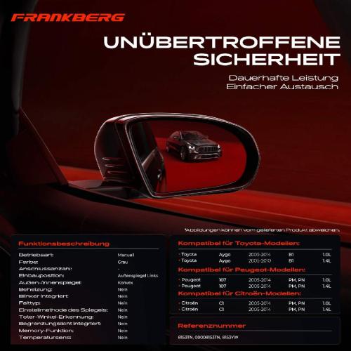 Frankberg 1x Außenspiegel Links für Citroën C1 Peugeot 107 Toyota Aygo Kasten/Schrägheck PM PN Bild Frankberg 1x Außenspiegel Links für Citroën C1 Peugeot 107 Toyota Aygo Kasten/Schrägheck PM PN