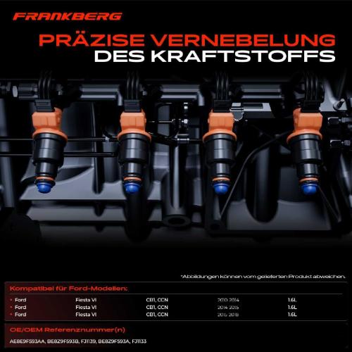 Frankberg 4x Einspritzventil Einspritzdüse für Ford Fiesta VI CB1 CCN 1.6L 2010-2012 Bild Frankberg 4x Einspritzventil Einspritzdüse für Ford Fiesta VI CB1 CCN 1.6L 2010-2012