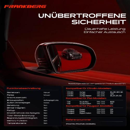 Frankberg 1x Außenspiegel Links für Citroën Jumpy U6U BS BT BY BZ Fiat Scudo Peugeot Expert Bild Frankberg 1x Außenspiegel Links für Citroën Jumpy U6U BS BT BY BZ Fiat Scudo Peugeot Expert