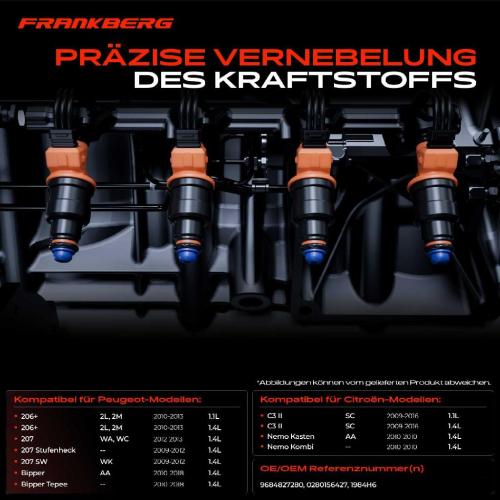 Frankberg 4x Einspritzventil Einspritzdüse für Citroën C3 II Fiat Peugeot 206 207 Bild Frankberg 4x Einspritzventil Einspritzdüse für Citroën C3 II Fiat Peugeot 206 207