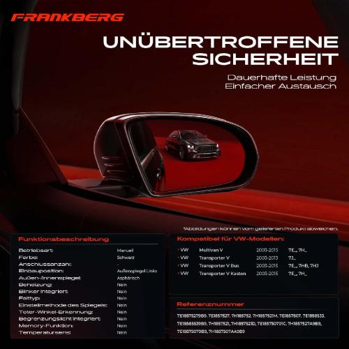 Frankberg 1x Außenspiegel Links für VW Multivan V Transporter V Kasten 7E 7H 7J 2003-2015 Bild Frankberg 1x Außenspiegel Links für VW Multivan V Transporter V Kasten 7E 7H 7J 2003-2015