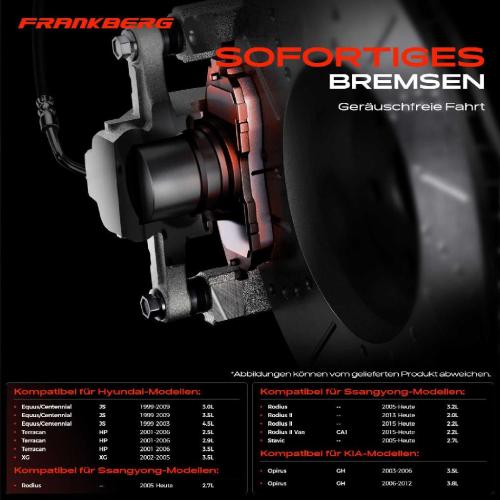 Frankberg 4x Bremsbeläge Vorderachse für Hyundai Equus/Centennial Terracan XG KIA Opirus Ssangyong Rodius II Bild Frankberg 4x Bremsbeläge Vorderachse für Hyundai Equus/Centennial Terracan XG KIA Opirus Ssangyong Rodius II