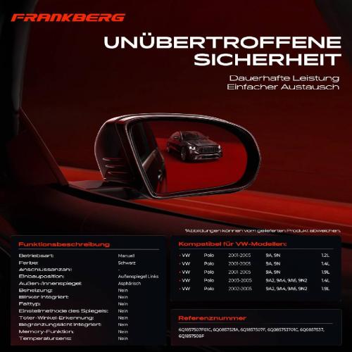 Frankberg 1x Außenspiegel Links für VW Polo 9A 9N 9A2 9A4 9A6 9N2 1.2L 1.4L 1.9L 2001-2012 Bild Frankberg 1x Außenspiegel Links für VW Polo 9A 9N 9A2 9A4 9A6 9N2 1.2L 1.4L 1.9L 2001-2012