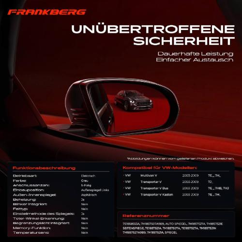 Frankberg 1x Außenspiegel Links für VW Multivan T5 Transporter 7E 7H 7J 2003-2015 Bild Frankberg 1x Außenspiegel Links für VW Multivan T5 Transporter 7E 7H 7J 2003-2015