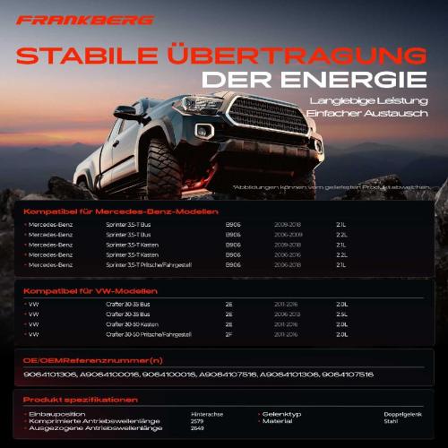 Frankberg 1x Kardanwelle Gelenkwelle Hinterachse für Mercedes-Benz Sprinter 3,5-T Bus Kasten Pritsche/Fahrgestell B906 Bild Frankberg 1x Kardanwelle Gelenkwelle Hinterachse für Mercedes-Benz Sprinter 3,5-T Bus Kasten Pritsche/Fahrgestell B906