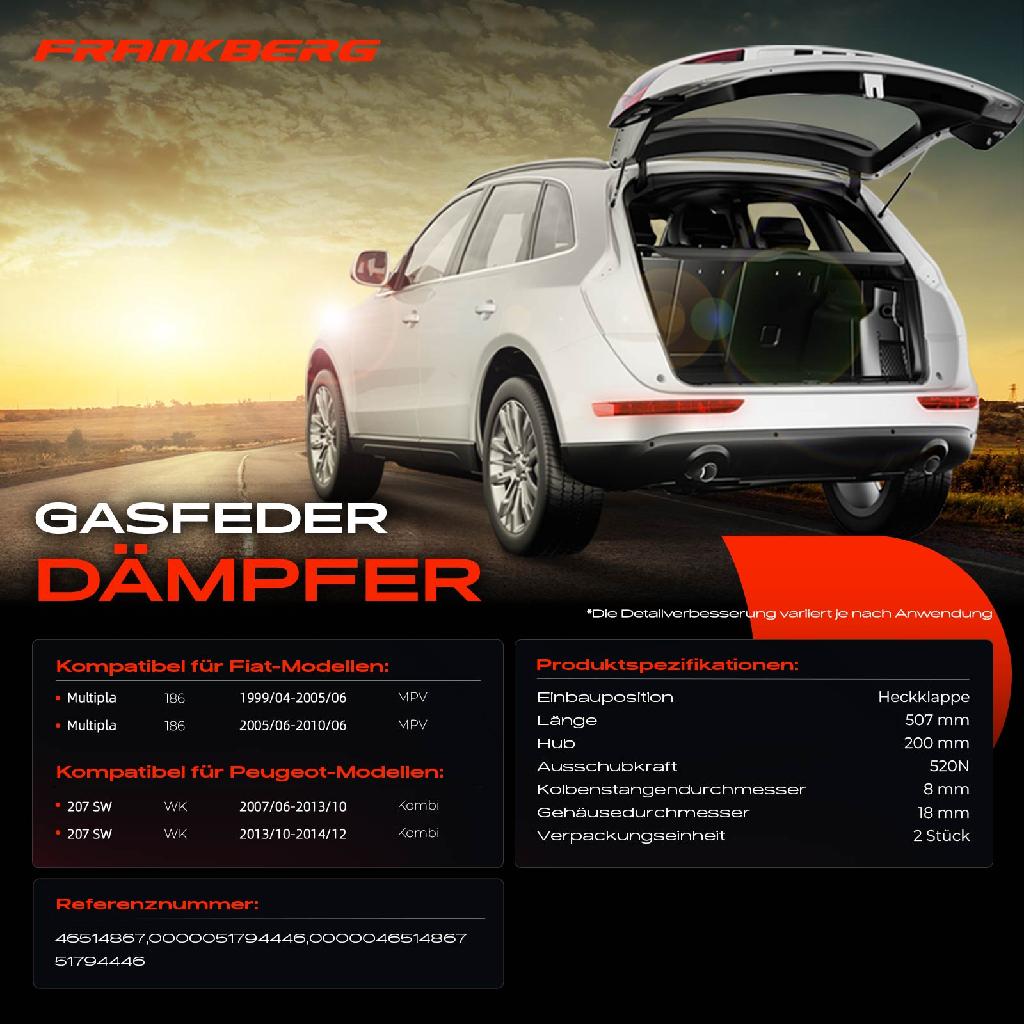 2x Gasfeder Dämpfer Heckklappe für Fiat Multipla 186 MPV Van Peugeot 207 SW WK Kombi 1999-2014