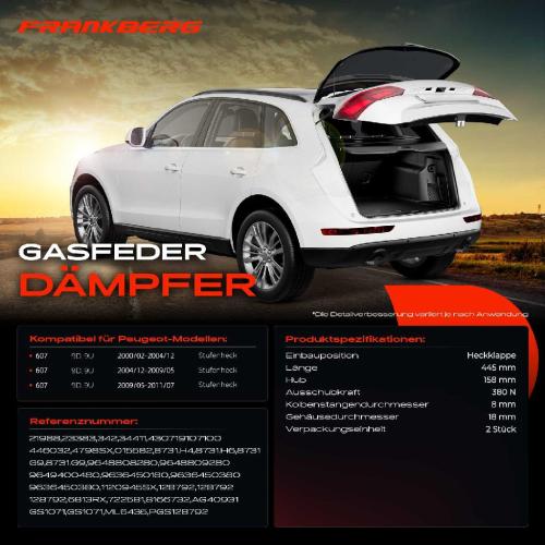 2x Gasfeder Dämpfer Heckklappe für Peugeot 607 9D 9U Stufenheck 2000-2011 Bild 2x Gasfeder Dämpfer Heckklappe für Peugeot 607 9D 9U Stufenheck 2000-2011