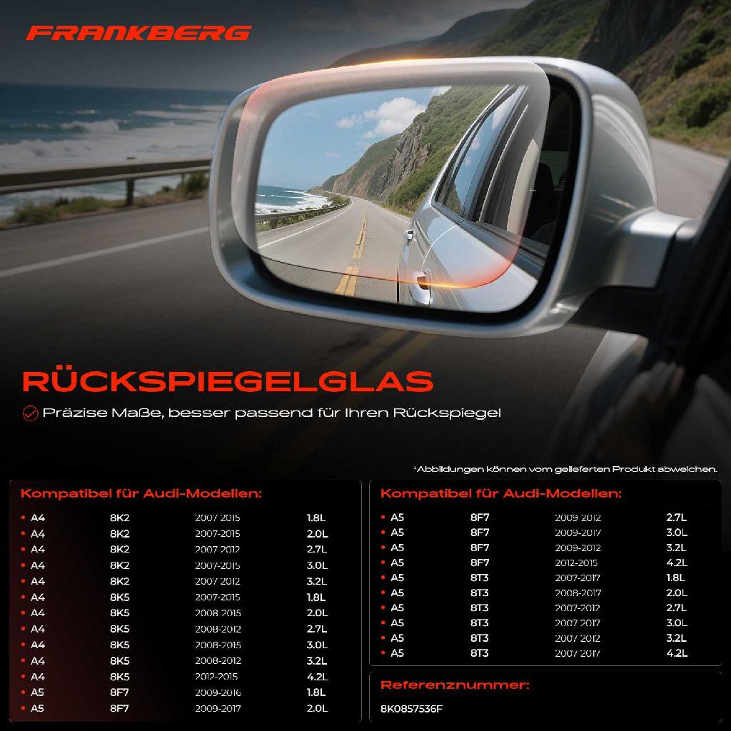 1x Spiegelglas Außenspiegel rechts für Audi A4 2007-2015 A3 A5 8F7