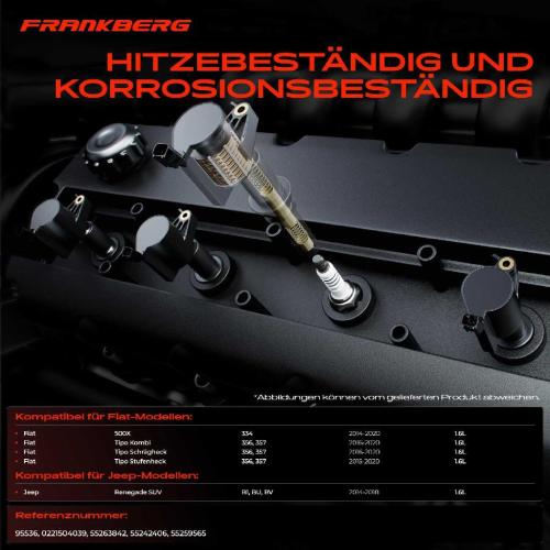 Frankberg 4x Zündspule Zündkerze für Fiat 500X Tipo Kombi Schrägheck Stufenheck Jeep Renegade SUV 1.6L 2014-2020 Bild Frankberg 4x Zündspule Zündkerze für Fiat 500X Tipo Kombi Schrägheck Stufenheck Jeep Renegade SUV 1.6L 2014-2020