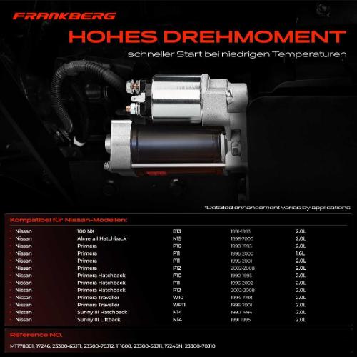 Frankberg 1x Anlasser Starter für Nissan 100 NX Almera I Hatchback Primera Traveller Sunny III Liftback 1990-2008 Bild Frankberg 1x Anlasser Starter für Nissan 100 NX Almera I Hatchback Primera Traveller Sunny III Liftback 1990-2008