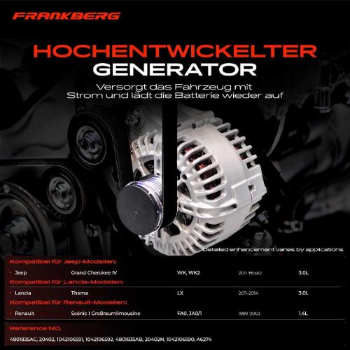 Frankberg 1x Lichtmaschine Generator für Jeep Grand Cherokee IV WK Lancia Thema Renault Bild Frankberg 1x Lichtmaschine Generator für Jeep Grand Cherokee IV WK Lancia Thema Renault