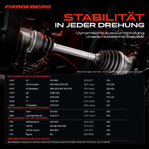 Frankberg 1x Antriebswelle Vorderachse Rechts f r VW Golf VII Tiguan Audi A3 Limousine Q2 Q3 TT Seat Leon Bild Frankberg 1x Antriebswelle Vorderachse Rechts f r VW Golf VII Tiguan Audi A3 Limousine Q2 Q3 TT Seat Leon