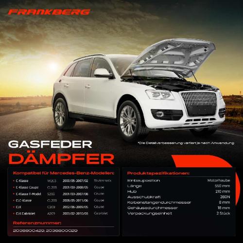 Frankberg 2x Gasfeder Dämpfer Motorhaube für Mercedes-Benz W203 CL203 Stufenheck Coupe 2000-2008 Bild Frankberg 2x Gasfeder Dämpfer Motorhaube für Mercedes-Benz W203 CL203 Stufenheck Coupe 2000-2008