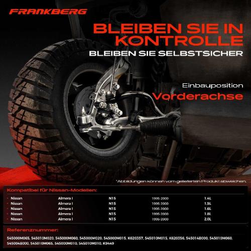 Frankberg 1x Querlenker Satz Vorderachse für Nissan Almera I Hatchback 1.4L 1.5L 1.6L 1.8L 2.0L 1995-2000 Bild Frankberg 1x Querlenker Satz Vorderachse für Nissan Almera I Hatchback 1.4L 1.5L 1.6L 1.8L 2.0L 1995-2000