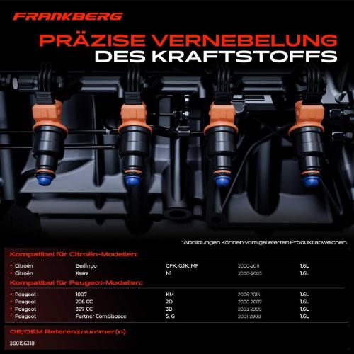Frankberg 4x Einspritzventil Einspritzdüse für Citroën Berlingo Xsara Peugeot 206 Bild Frankberg 4x Einspritzventil Einspritzdüse für Citroën Berlingo Xsara Peugeot 206