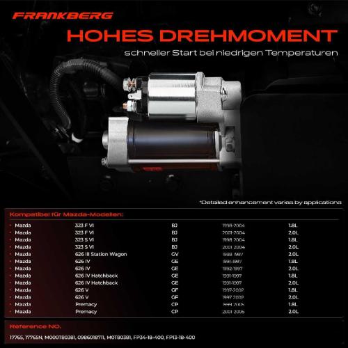 Frankberg 1x Anlasser Starter für Mazda 323 F VI S 626 III Station Wagon IV Hatchback V MPV II Premacy 1988-2005 Bild Frankberg 1x Anlasser Starter für Mazda 323 F VI S 626 III Station Wagon IV Hatchback V MPV II Premacy 1988-2005