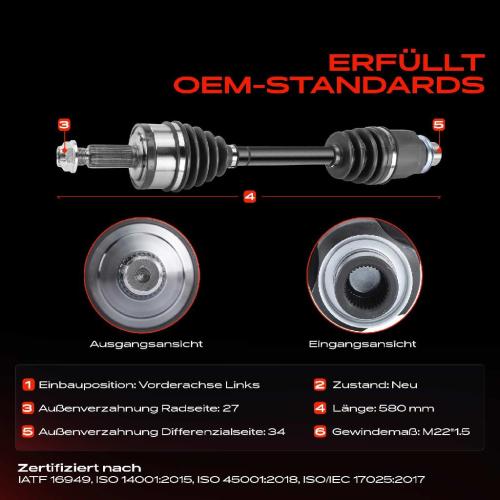 1x Antriebswelle Vorderachse Links für Chrysler 300 C Touring LE LX 3.5L 5.6L 2005-2010 Bild 1x Antriebswelle Vorderachse Links für Chrysler 300 C Touring LE LX 3.5L 5.6L 2005-2010