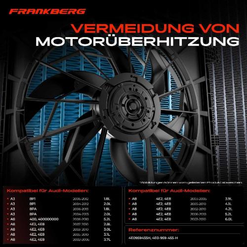 Frankberg 1x Motorkühller Einfachlüfter ohne Kühlerlüfterrahmen Audi A8 4E2 4E8 A3 Sportback 8PA 8P1 Bild Frankberg 1x Motorkühller Einfachlüfter ohne Kühlerlüfterrahmen Audi A8 4E2 4E8 A3 Sportback 8PA 8P1