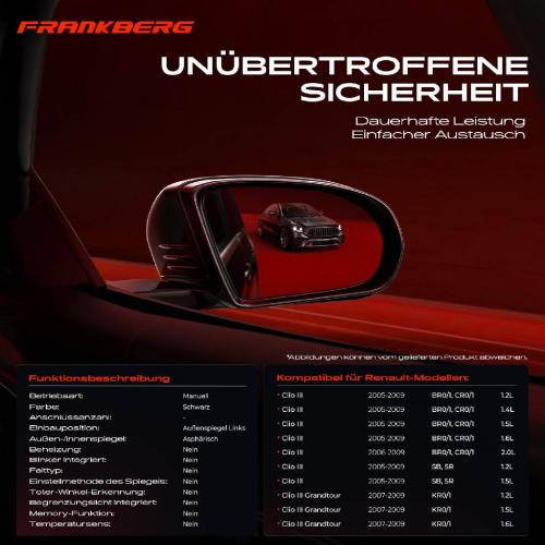 Frankberg 1x Außenspiegel Links für Renault Clio III Grandtour BR0/1 CR0/1 KR0/1 2005-2014 Bild Frankberg 1x Außenspiegel Links für Renault Clio III Grandtour BR0/1 CR0/1 KR0/1 2005-2014