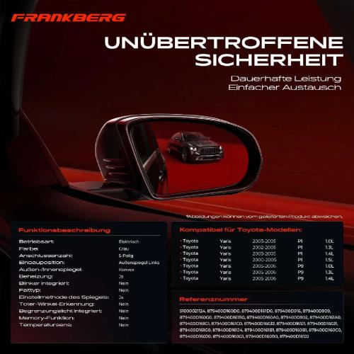 Frankberg 1x Außenspiegel Links für Toyota Yaris P1 P9 1.0L 1.3L 1.4L 1.5L 2000-2006 Bild Frankberg 1x Außenspiegel Links für Toyota Yaris P1 P9 1.0L 1.3L 1.4L 1.5L 2000-2006