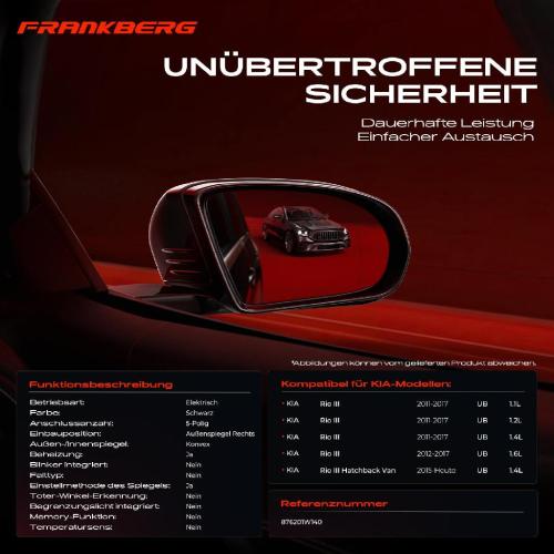 Frankberg 1x Außenspiegel Rechts für KIA Rio 3 Rio 3 Hatchback Van Rio 3 Stufenheck UB Bj ab 2011 Bild Frankberg 1x Außenspiegel Rechts für KIA Rio 3 Rio 3 Hatchback Van Rio 3 Stufenheck UB Bj ab 2011