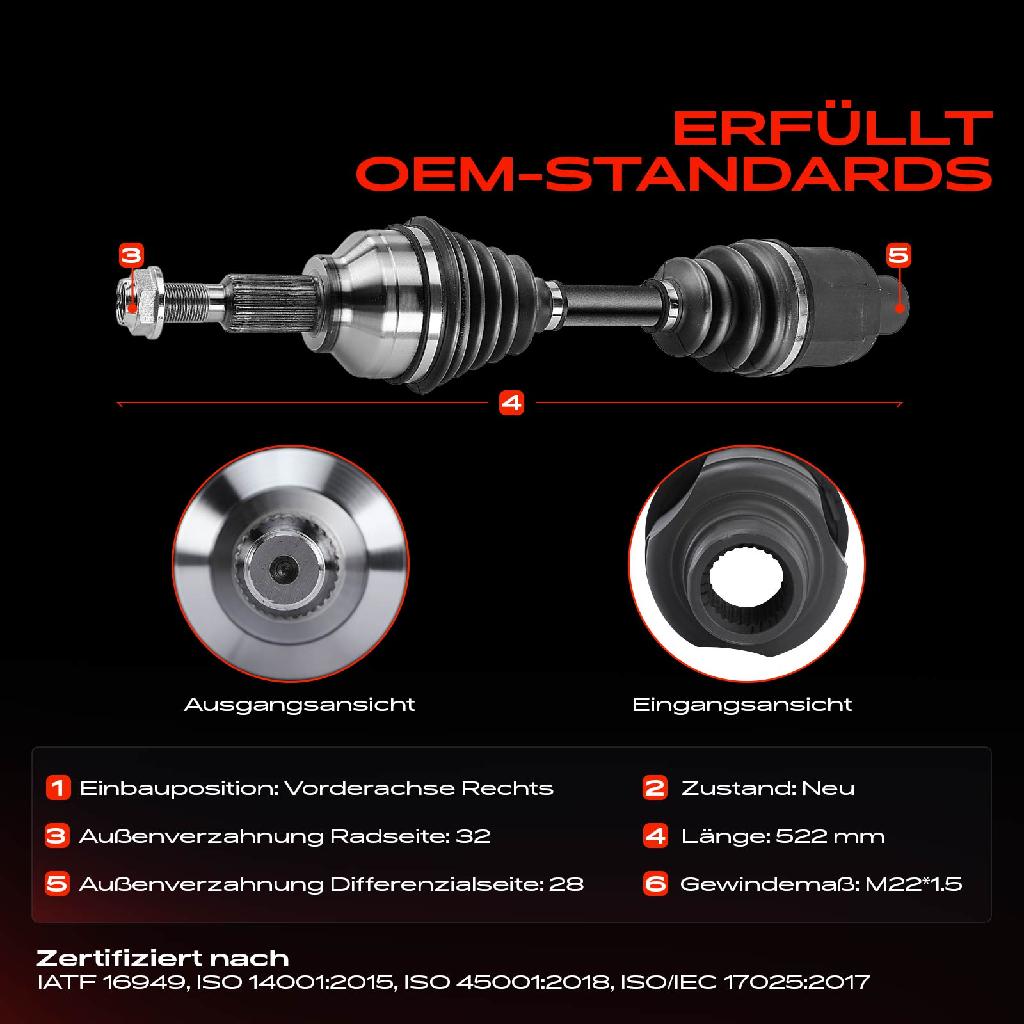 1x Antriebswelle Vorderachse Rechts für Dodge Journey Fiat Freemont 345