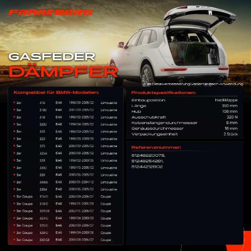 Frankberg 2x Gasfeder D mpfer Heckklappe BMW 3er E46 Limousine Coupe 1998-2006 Bild Frankberg 2x Gasfeder D mpfer Heckklappe BMW 3er E46 Limousine Coupe 1998-2006