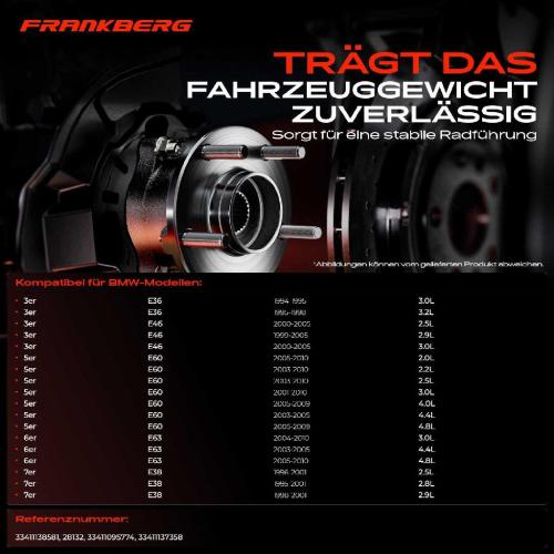 Frankberg 2x Radnabe Radlagersatz Hinterachse beidseitig für BMW 3er Cabriolet Coupe Touring E36 E46 E60 E61 E63 E64 E38 Bild Frankberg 2x Radnabe Radlagersatz Hinterachse beidseitig für BMW 3er Cabriolet Coupe Touring E36 E46 E60 E61 E63 E64 E38