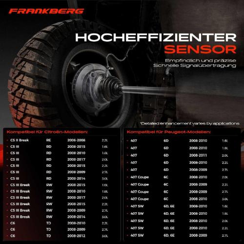 Frankberg 1x ABS Sensor Hinterachse beidseitig für Citroën C5 II Break III C6 Peugeot 407 Coupe SW 2.2L 2006-2017 Bild Frankberg 1x ABS Sensor Hinterachse beidseitig für Citroën C5 II Break III C6 Peugeot 407 Coupe SW 2.2L 2006-2017