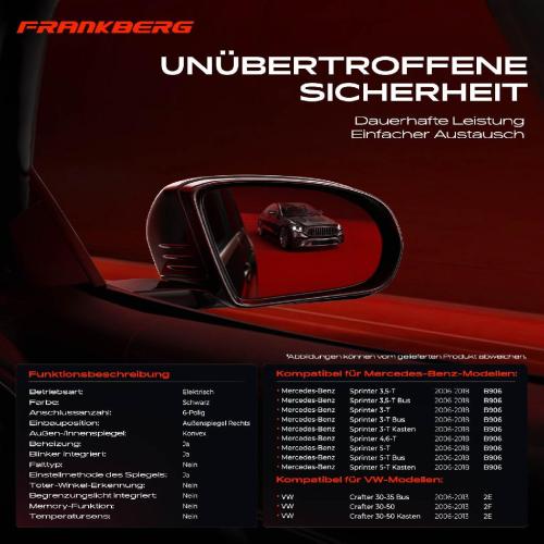 Frankberg 1x Außenspiegel Rechts für Mercedes Sprinter 3,5-T B906 VW Crafter 30-35 2E 2006-2018 Bild Frankberg 1x Außenspiegel Rechts für Mercedes Sprinter 3,5-T B906 VW Crafter 30-35 2E 2006-2018