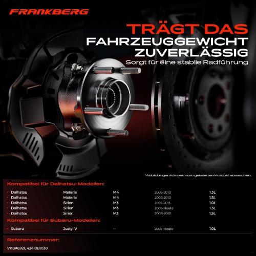 Frankberg 1x Radnabe Radlagersatz Hinterachse beidseitig für Daihatsu Materia Sirion Subaru Justy IV Bj ab 2005 Bild Frankberg 1x Radnabe Radlagersatz Hinterachse beidseitig für Daihatsu Materia Sirion Subaru Justy IV Bj ab 2005