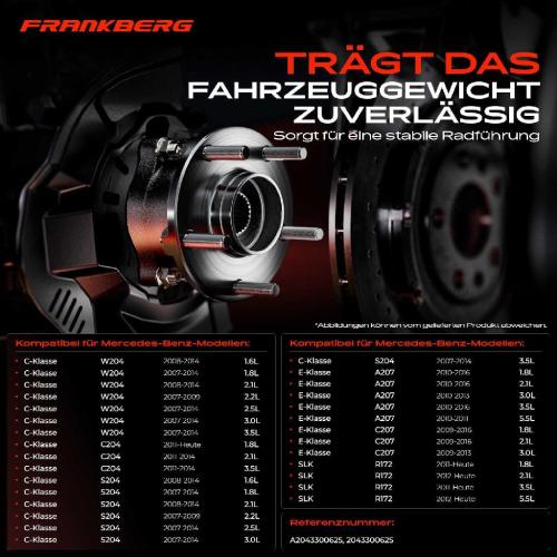 Frankberg 1x Radnabe Radlagersatz Vorderachse beidseitig für Mercedes-Benz C-Klasse W204 C204 S204 A207 C207 SLK R172 Bild Frankberg 1x Radnabe Radlagersatz Vorderachse beidseitig für Mercedes-Benz C-Klasse W204 C204 S204 A207 C207 SLK R172
