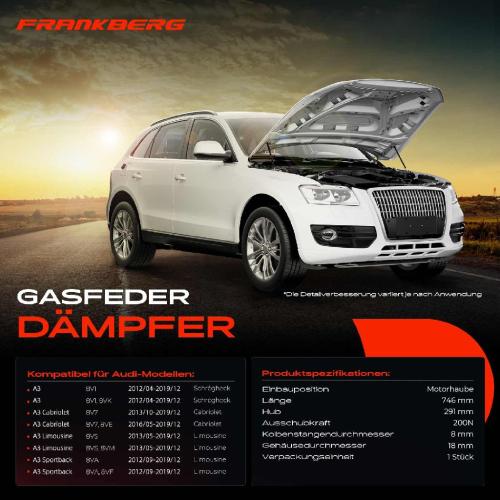 Frankberg 1x Gasfeder Dämpfer Motorhaube für Audi A3 8V1 8VK Schrägheck 2012-2019 Bild Frankberg 1x Gasfeder Dämpfer Motorhaube für Audi A3 8V1 8VK Schrägheck 2012-2019
