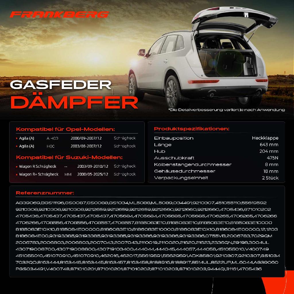 2x Gasfeder Dämpfer Heckklappe für Opel Agila A Suzuki Wagon R Schrägheck Bj ab 2000