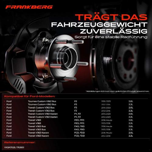 Frankberg 1x Radnabe Radlagersatz Hinterachse beidseitig für Ford Tourneo Custom V362 Bus Transit Kasten V363 Bj ab 2012 Bild Frankberg 1x Radnabe Radlagersatz Hinterachse beidseitig für Ford Tourneo Custom V362 Bus Transit Kasten V363 Bj ab 2012