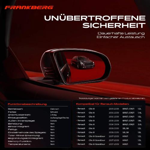 Frankberg 1x Außenspiegel Rechts für Renault Clio III Grandtour BR0/1 CR0/1 KR0/1 2005-2014 Bild Frankberg 1x Außenspiegel Rechts für Renault Clio III Grandtour BR0/1 CR0/1 KR0/1 2005-2014