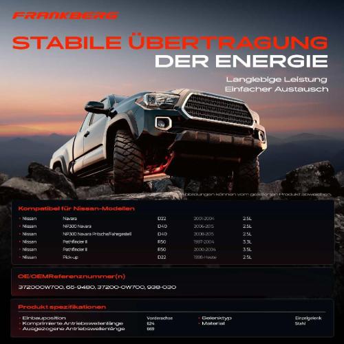 Frankberg 1x Kardanwelle Gelenkwelle Vorderachse für Nissan Navara NP300 Pritsche/Fahrgestell Pathfinder II Pick-up Bild Frankberg 1x Kardanwelle Gelenkwelle Vorderachse für Nissan Navara NP300 Pritsche/Fahrgestell Pathfinder II Pick-up