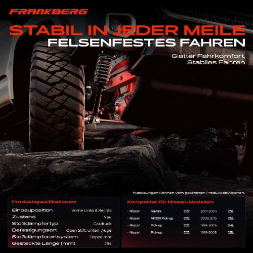 Frankberg 2x Stoßdämpfer Vorderachse für Nissan Navara D22 NP300 Pick-up Pick-up 2.5L 2.4L 1998-2015 Bild Frankberg 2x Stoßdämpfer Vorderachse für Nissan Navara D22 NP300 Pick-up Pick-up 2.5L 2.4L 1998-2015