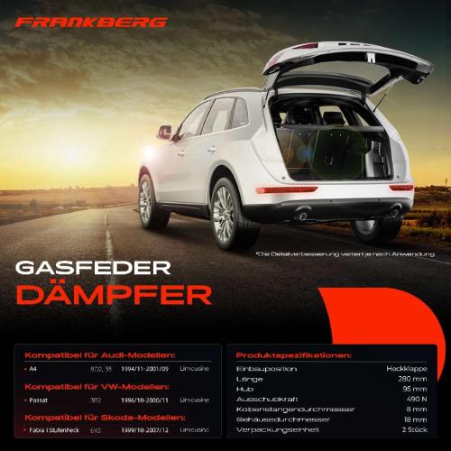 Frankberg 2x Gasfeder Dämpfer Heckklappe Audi A4 8D2 B5 VW Passat 3B2 Skoda Fabia I 6Y3 Limousine 1994-2007 Bild Frankberg 2x Gasfeder Dämpfer Heckklappe Audi A4 8D2 B5 VW Passat 3B2 Skoda Fabia I 6Y3 Limousine 1994-2007