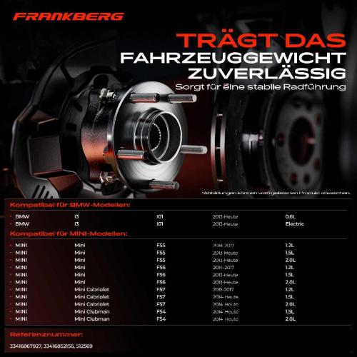 Frankberg 1x Radnabe Radlagersatz Hinterachse beidseitig für BMW I3 I01 MINI F55 F56 F57 F54 Bj ab 2013 Bild Frankberg 1x Radnabe Radlagersatz Hinterachse beidseitig für BMW I3 I01 MINI F55 F56 F57 F54 Bj ab 2013