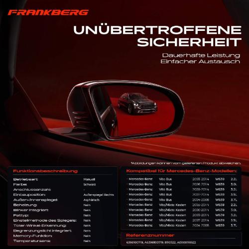 Frankberg 1x Außenspiegel Rechts für Mercedes-Benz Vito Bus W639 Vito/Mixto Kasten 2003-2014 Bild Frankberg 1x Außenspiegel Rechts für Mercedes-Benz Vito Bus W639 Vito/Mixto Kasten 2003-2014